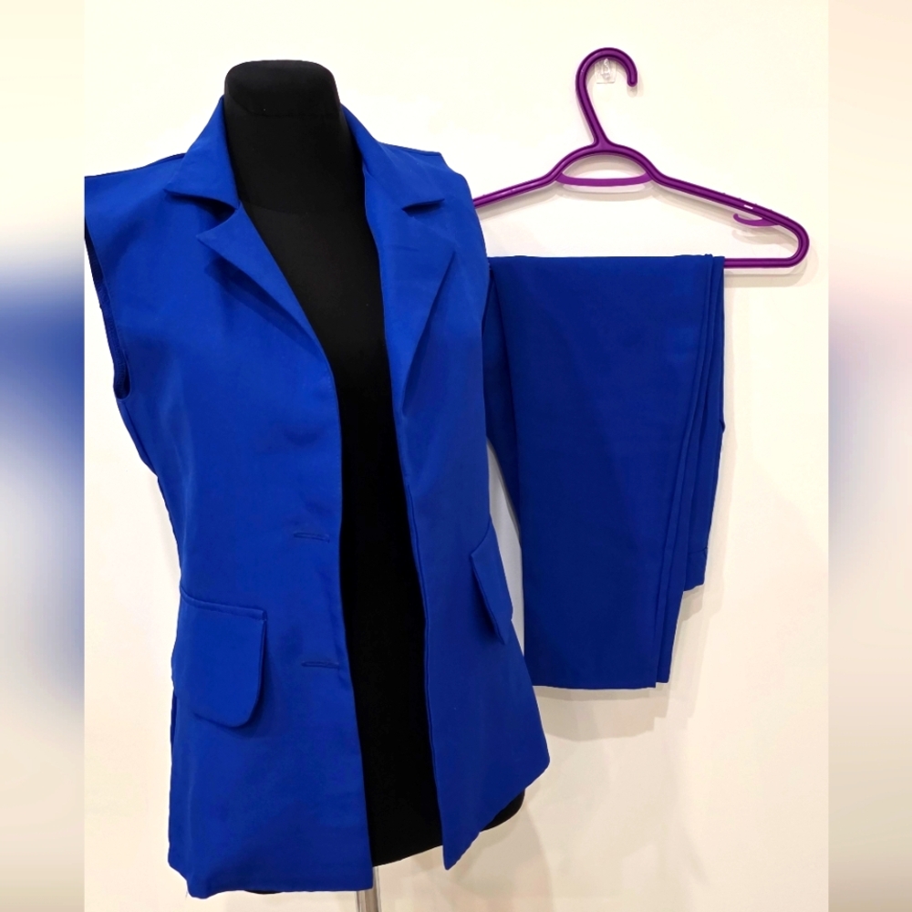 Vibrant Blue Sleeveless Blazer Vest and Ankle Length Pants Suit Matching Set XS